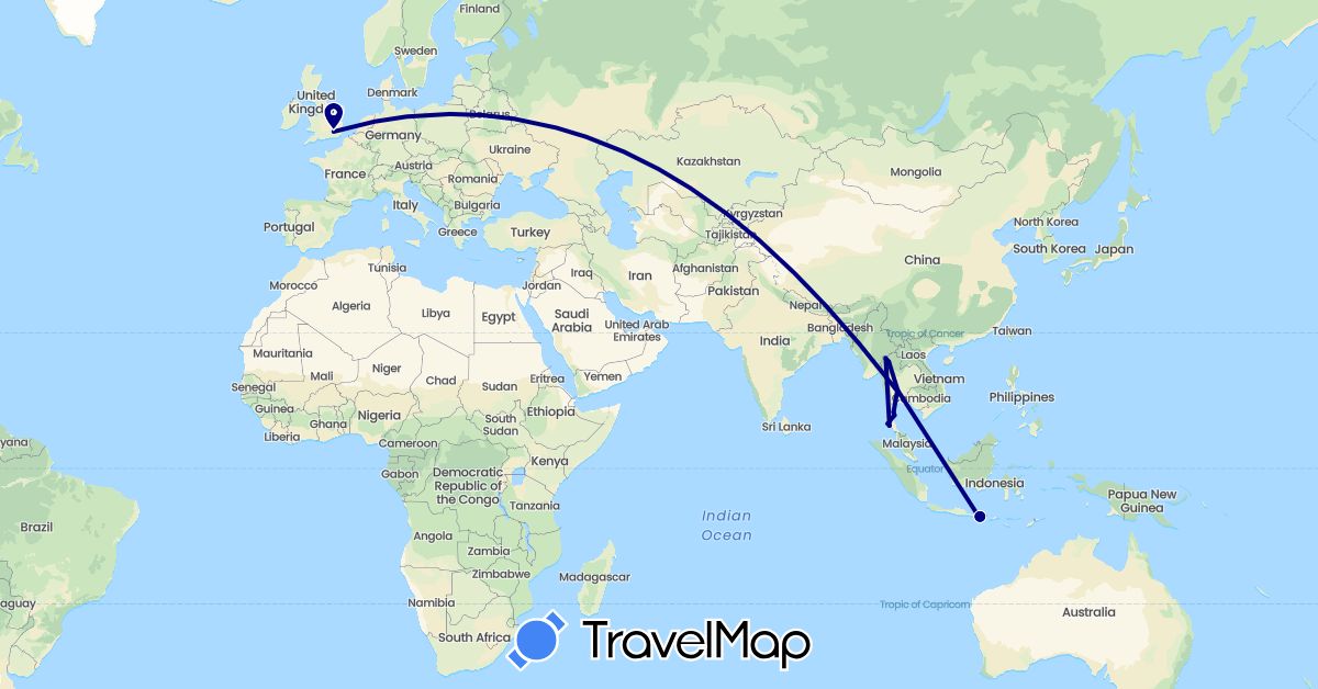 TravelMap itinerary: driving in United Kingdom, Indonesia, Thailand (Asia, Europe)